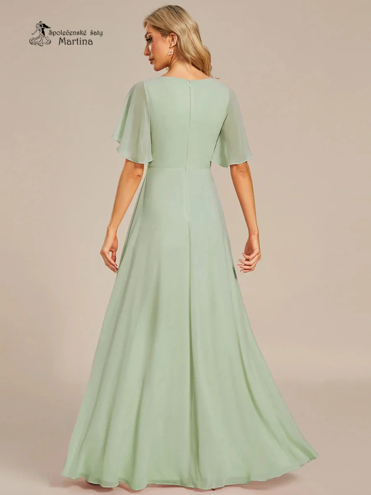 Zelenkavé šifonové šaty "Pandora" s volným rukávem a aplikací v pase