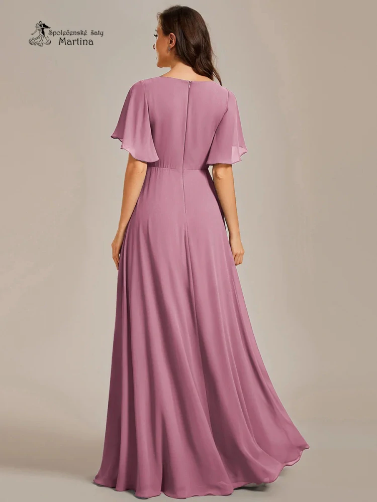 Tmavě starorůžové šifonové šaty "Pandora" s volným rukávem a aplikací v pase