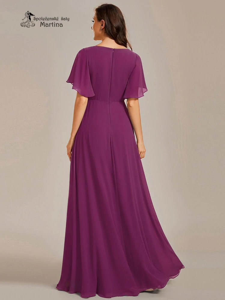 Fuchsiové šifonové šaty "Pandora" s volným rukávem a aplikací v pase