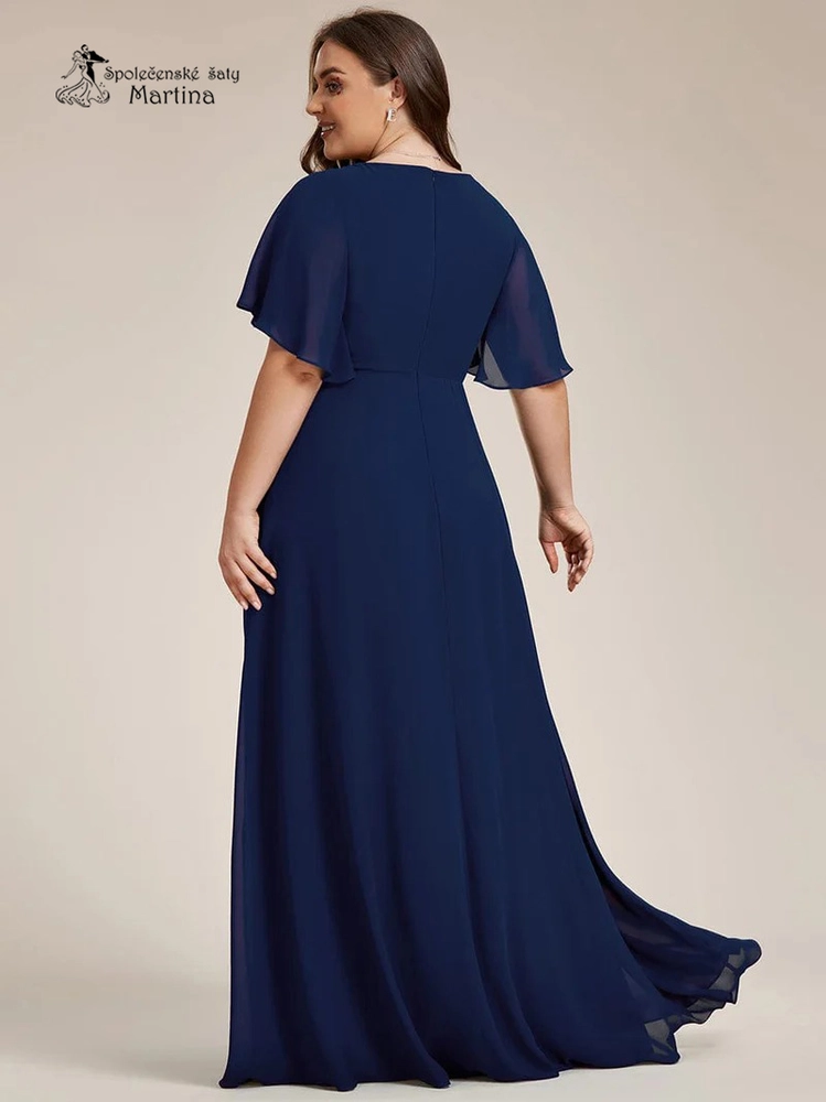 Tmavě modré šifonové XXL šaty "Pandora" s volným rukávem a aplikací v pase