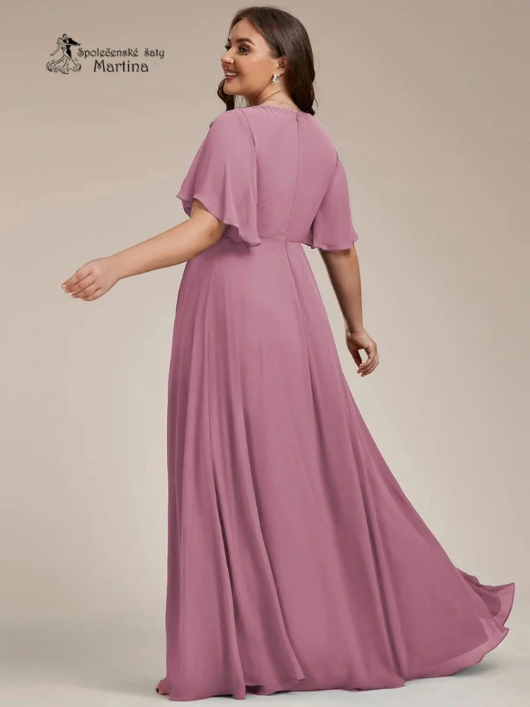 Tmavě starorůžové šifonové XXL šaty "Pandora" s volným rukávem a aplikací v pase