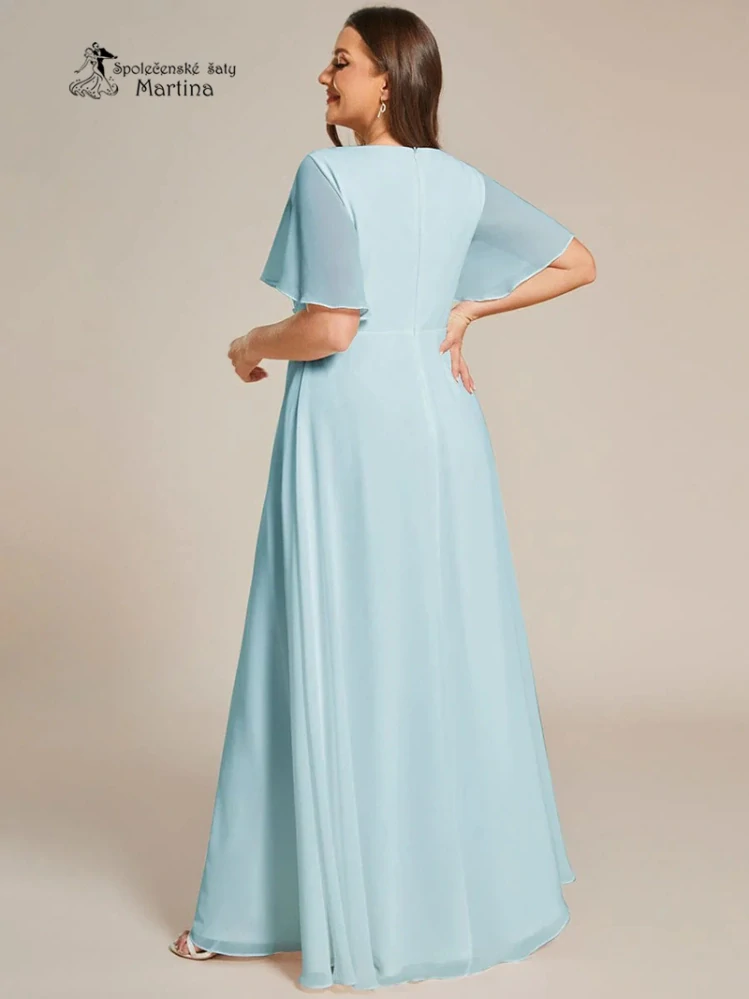 Světle modré šifonové XXL šaty "Pandora" s volným rukávem a aplikací v pase