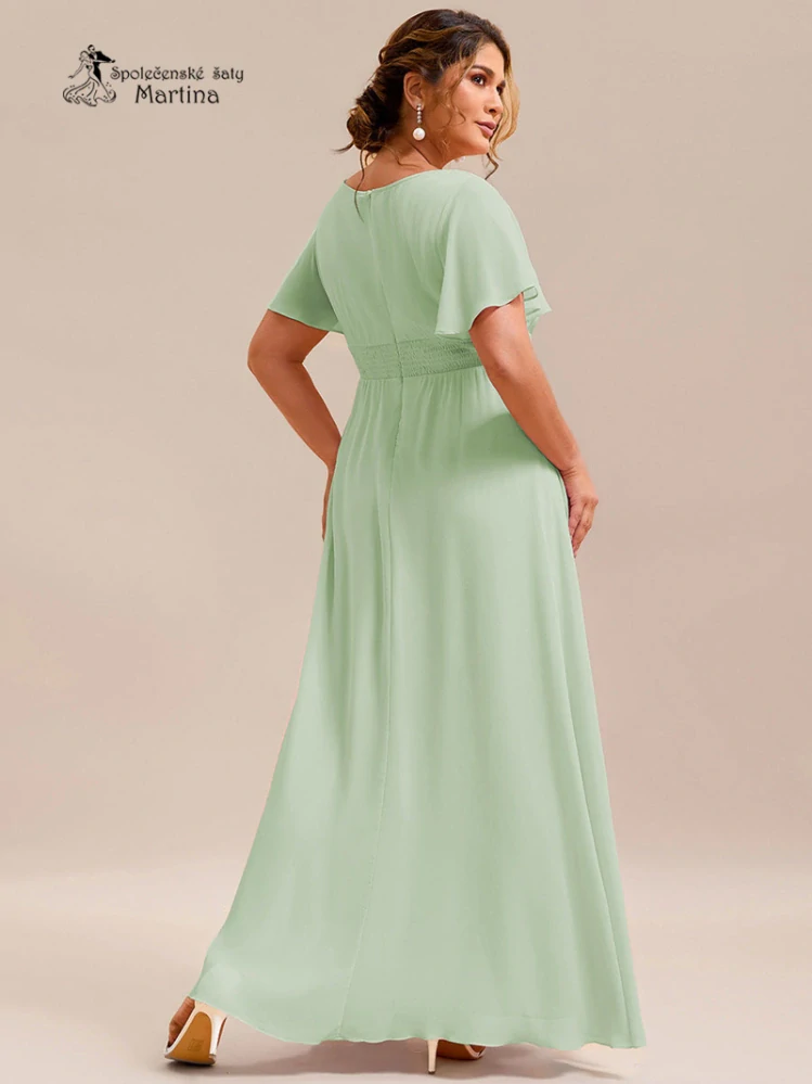 Světle zelené šifonové šaty s rukávkem a žabičkováním na zádech "Stela"