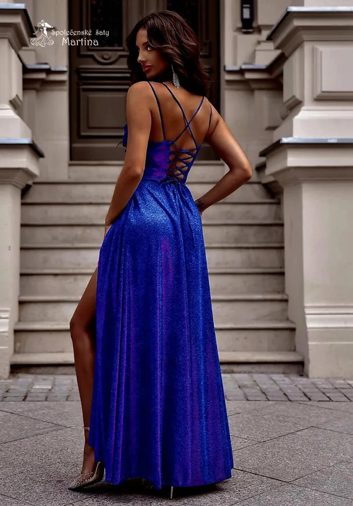 Modro-amarantové brokátové společenské šaty "Valeria" s výstřihem "voda" - vel. 38