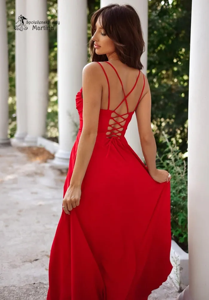 Červené společenské šaty "Valeria" s výstřihem "voda"