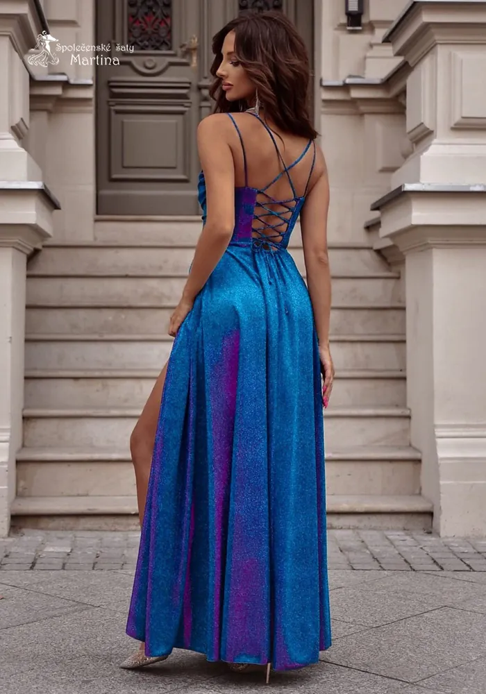 Tyrkysovo-amarantové brokátové společenské šaty "Valeria" s výstřihem "voda"