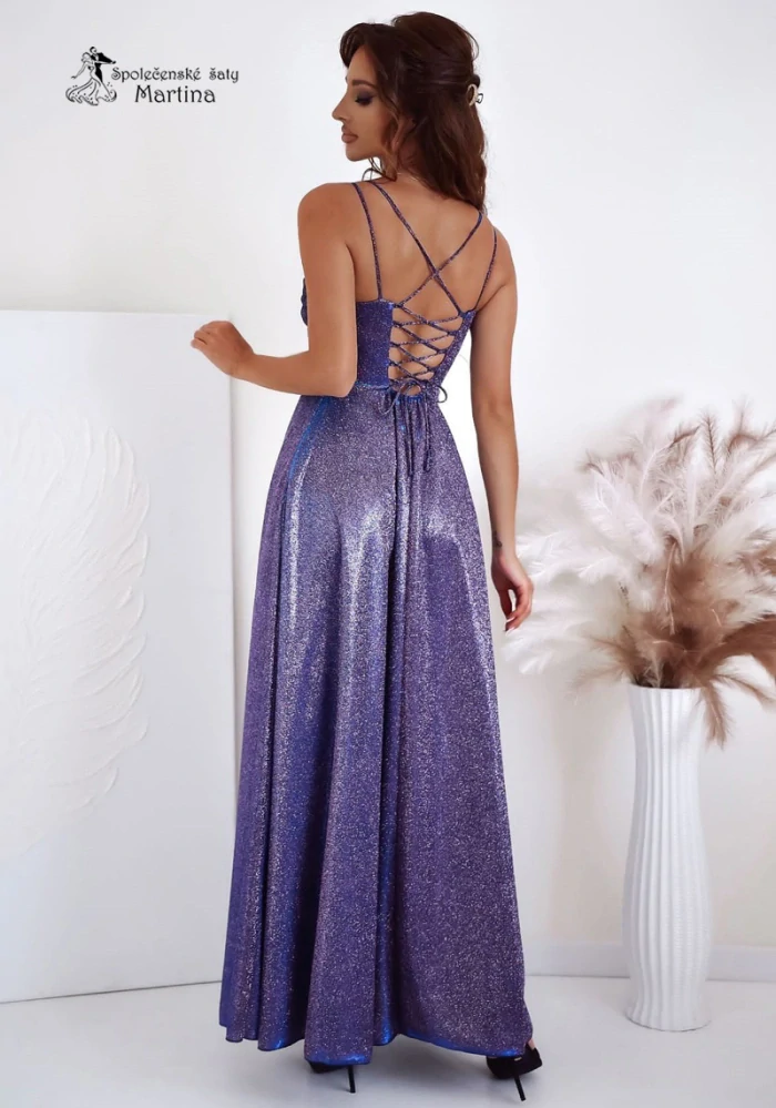 Hvězdně fialové brokátové společenské šaty "Valeria" s výstřihem "voda" - vel. 40