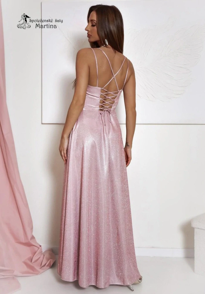 Růžové brokátové společenské šaty "Valeria" s výstřihem "voda" - vel. 32