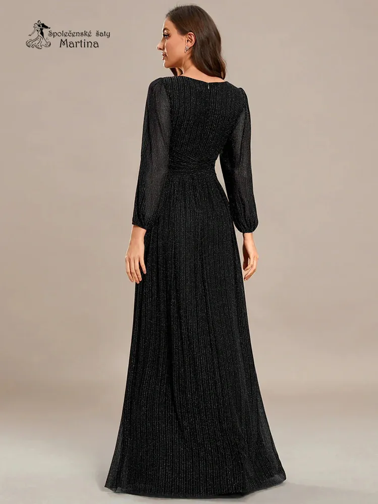 Černé žebrované společenské šaty "Antony" s dlouhými rukávy 