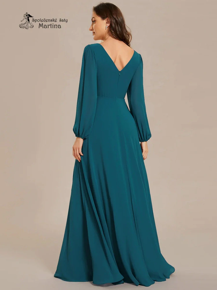 Petrolejové společenské šaty s dlouhými rukávy "Kerenza"