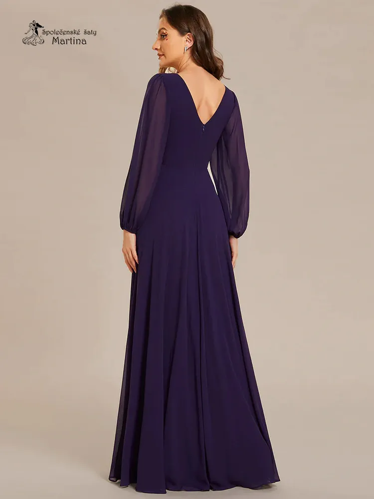 Tmavě fialové společenské šaty s dlouhými rukávy "Kerenza"