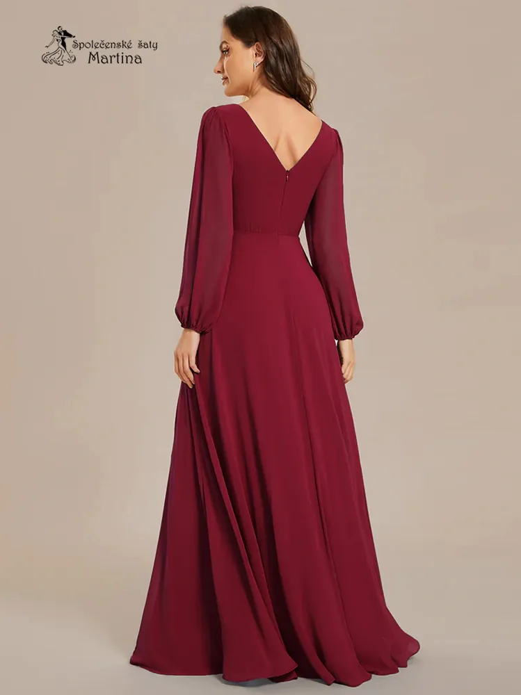 Vínové společenské šaty s dlouhými rukávy "Kerenza"