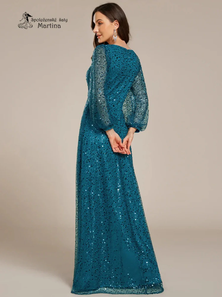 Petrolejové celozdobené společenské šaty s dlouhými rukávy "Careen"