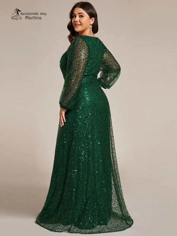 Tmavě zelené celozdobené společenské XXL šaty s dlouhými rukávy "Careen"