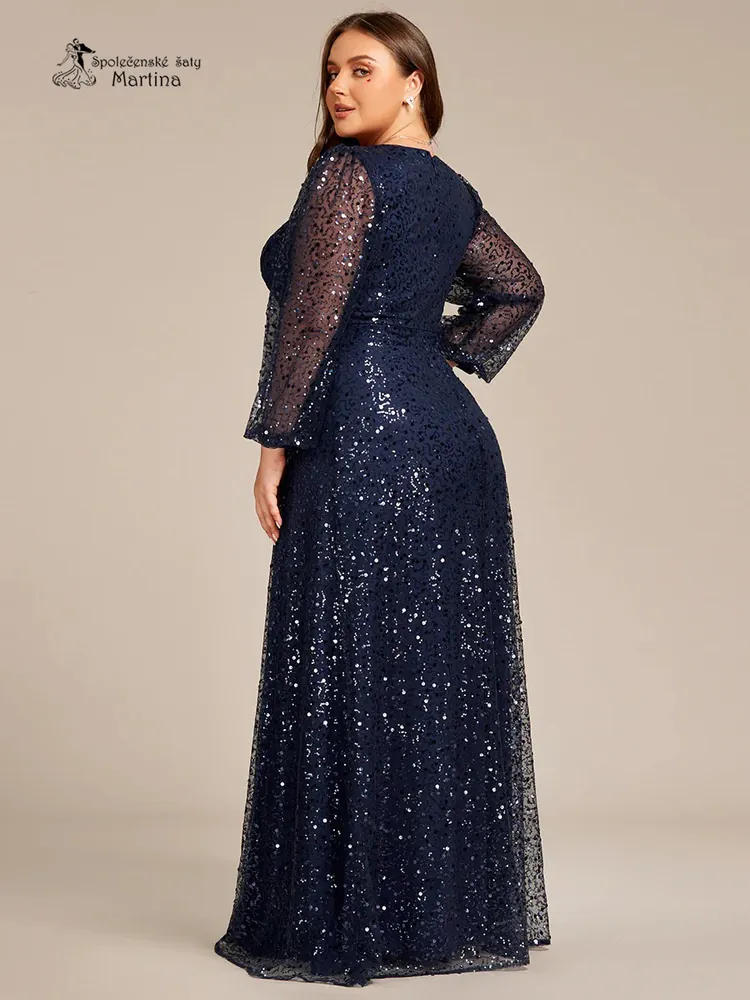 Tmavě modré celozdobené společenské XXL šaty s dlouhými rukávy "Careen"