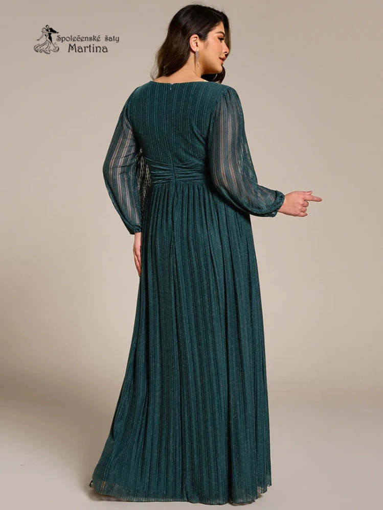 Petrolejové žebrované společenské XXL šaty "Antony" s dlouhými rukávy 