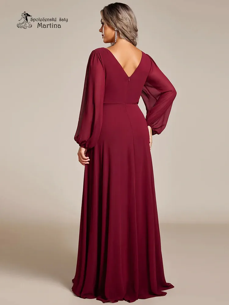 Vínové plus size společenské šaty s dlouhými rukávy "Kerenza"