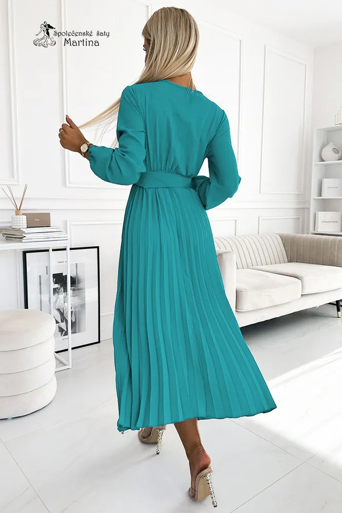 Tyrkysové midi šaty s plisovanou sukní "Viviana" s dlouhým rukávem - vel. UNI