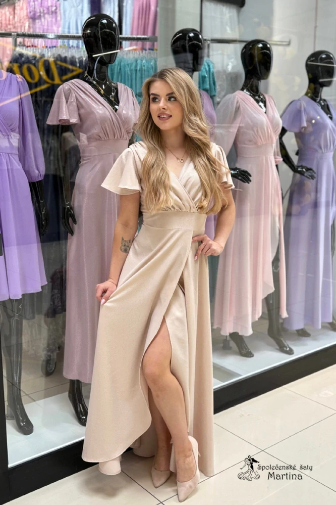 Béžové třpytivé asymetrické společenské šaty "Lorin"