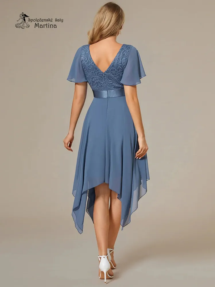 Dusty navy krátké šaty s cípy v sukni a volným rukávem "Jackeline"