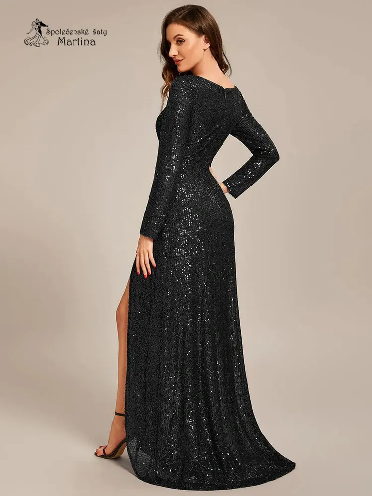 Černé flitrové asymetrické šaty s rozparkem a dlouhým rukávem "Connie"