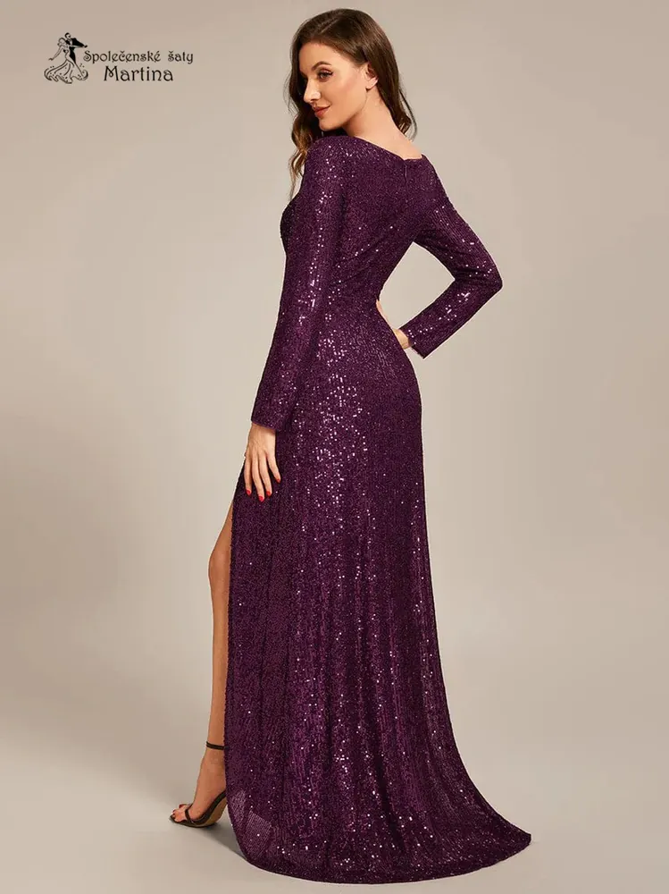 Tmavě fialové flitrové asymetrické šaty s rozparkem a dlouhým rukávem "Connie"