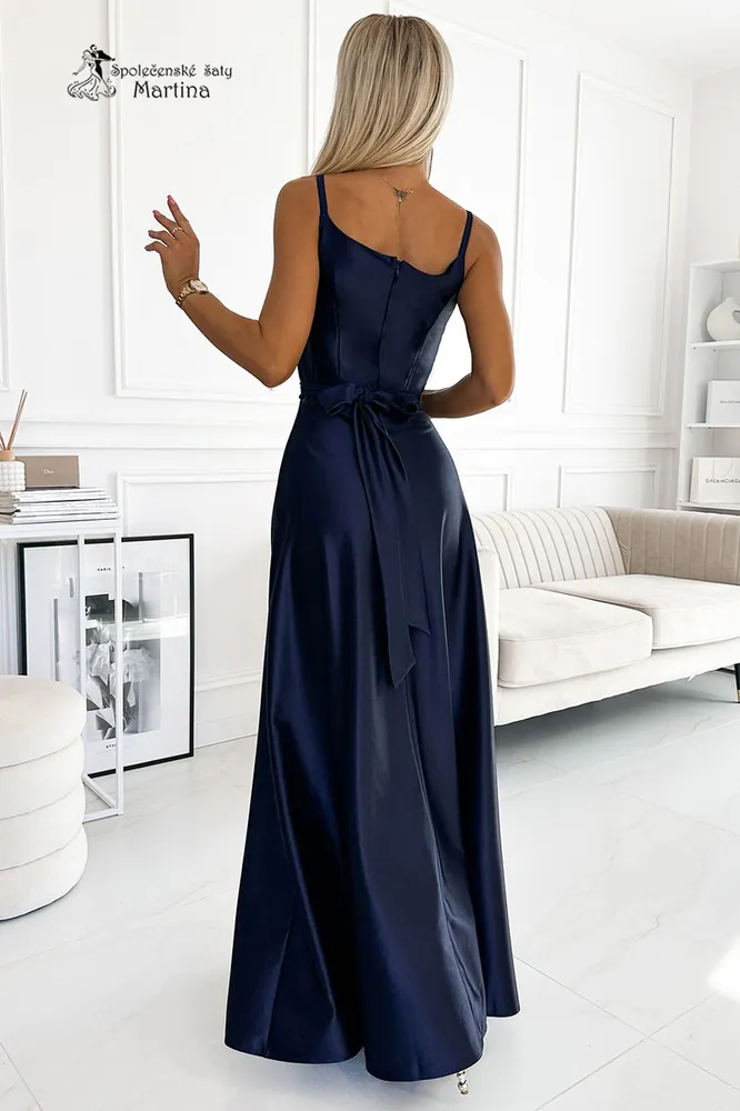 Tmavě modré saténové šaty "Juliet" na tenká ramínka