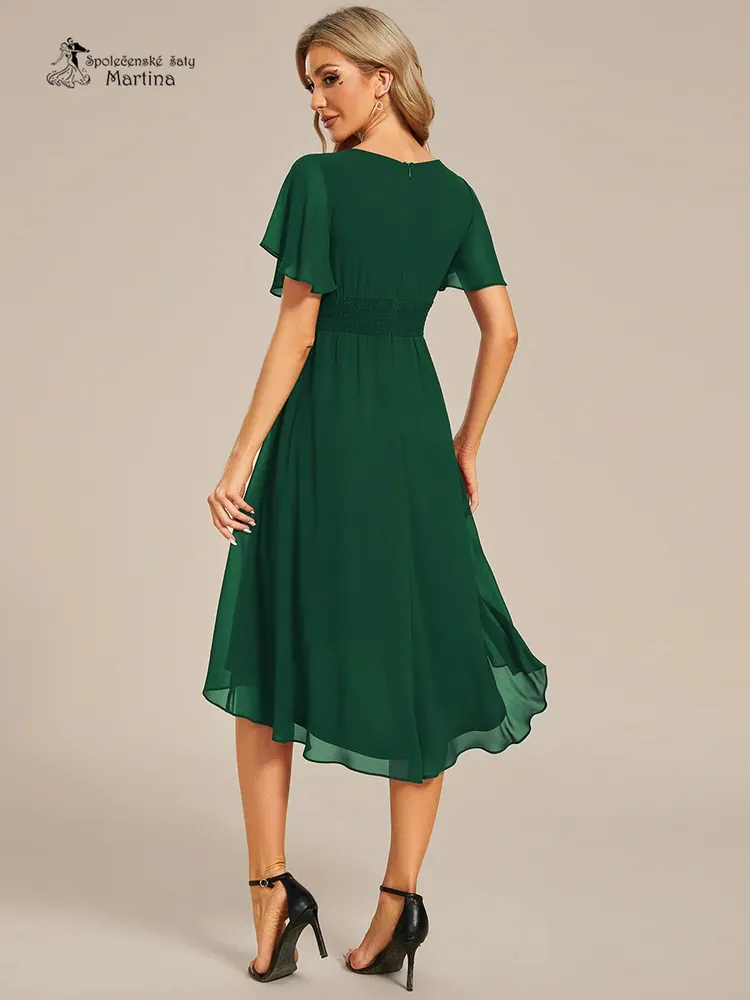 Jednoduché lahvově zelené šifonové šaty po kolena "Lola" s krátkým rukávem