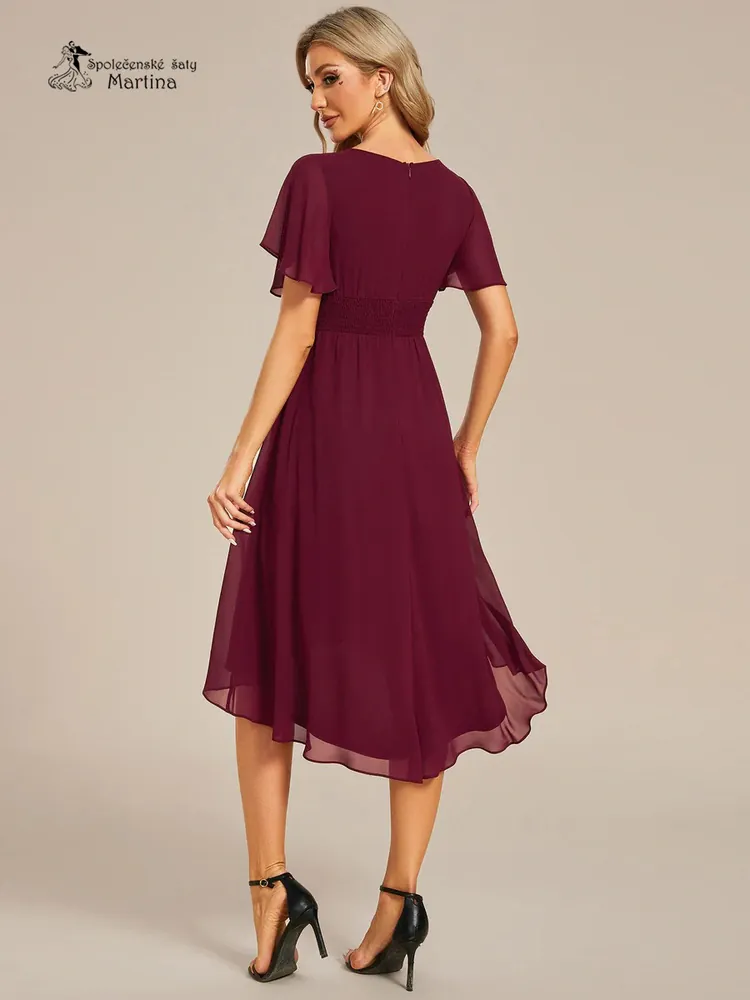 Jednoduché vínové šifonové šaty po kolena "Lola" s krátkým rukávem