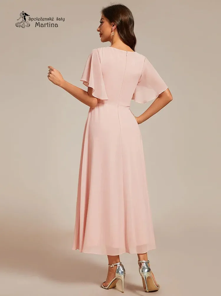 Růžové midi šaty pro svatební maminku či hosta "Mousse" s volnými rukávy