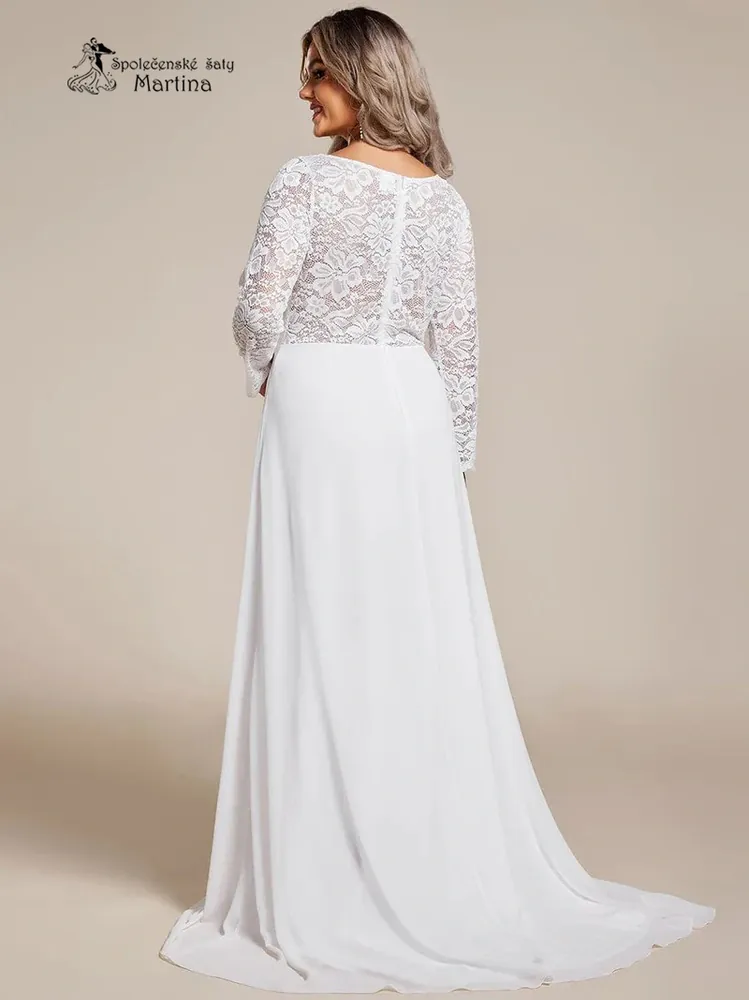 Bílé plus size svatební šifonové šaty s krajkovým živůtkem a dlouhým rukávem "Akira"
