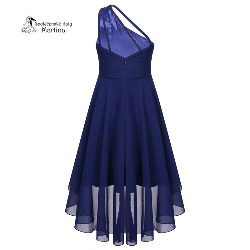 Tmavě modré asymetrické dívčí šaty "Nikolka" na jedno rameno - vel. 12