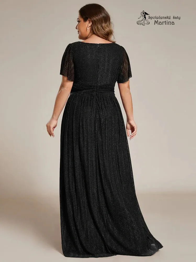 Černé plus size žebrované společenské šaty "Ebonny" s krátkými rukávy 