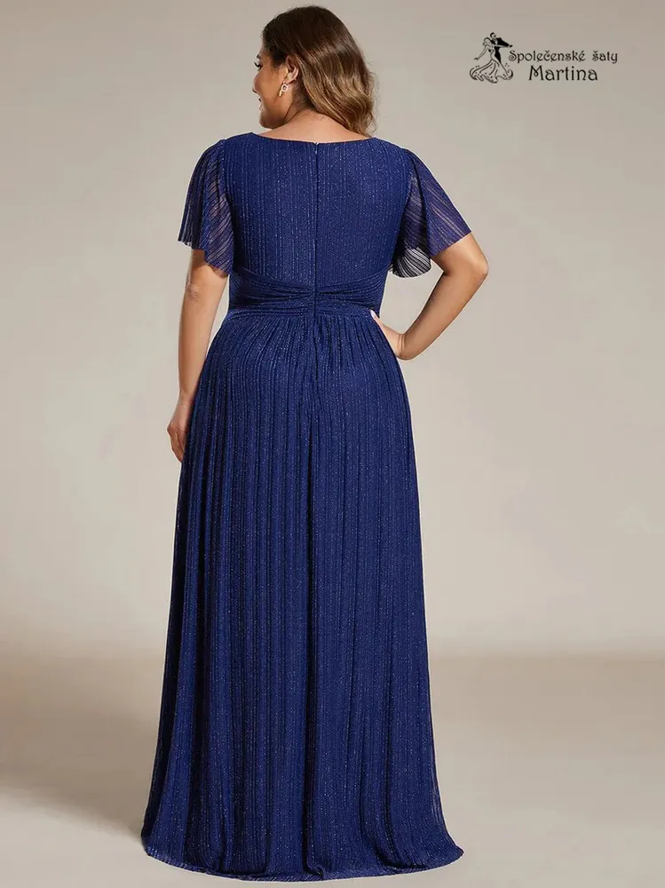 Tmavě modré plus size žebrované společenské šaty "Ebonny" s krátkými rukávy