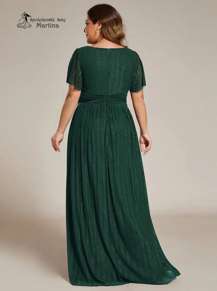 Lahvově zelené plus size žebrované společenské šaty "Ebonny" s krátkými rukávy 