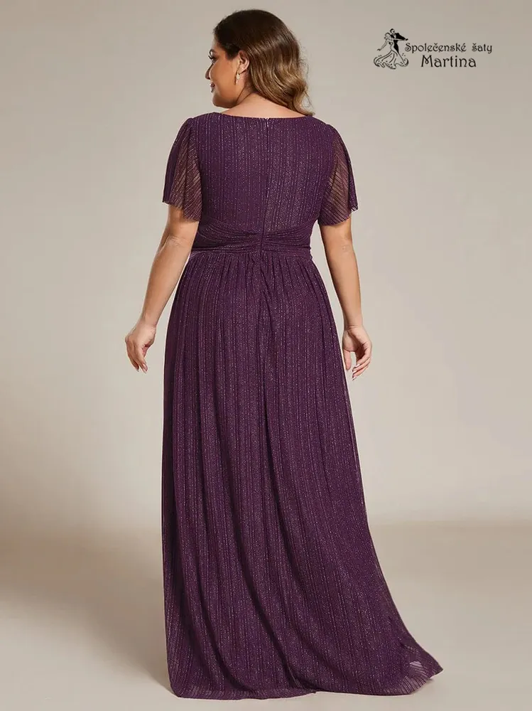 Tmavě fialové plus size žebrované společenské šaty "Ebonny" s krátkými rukávy 