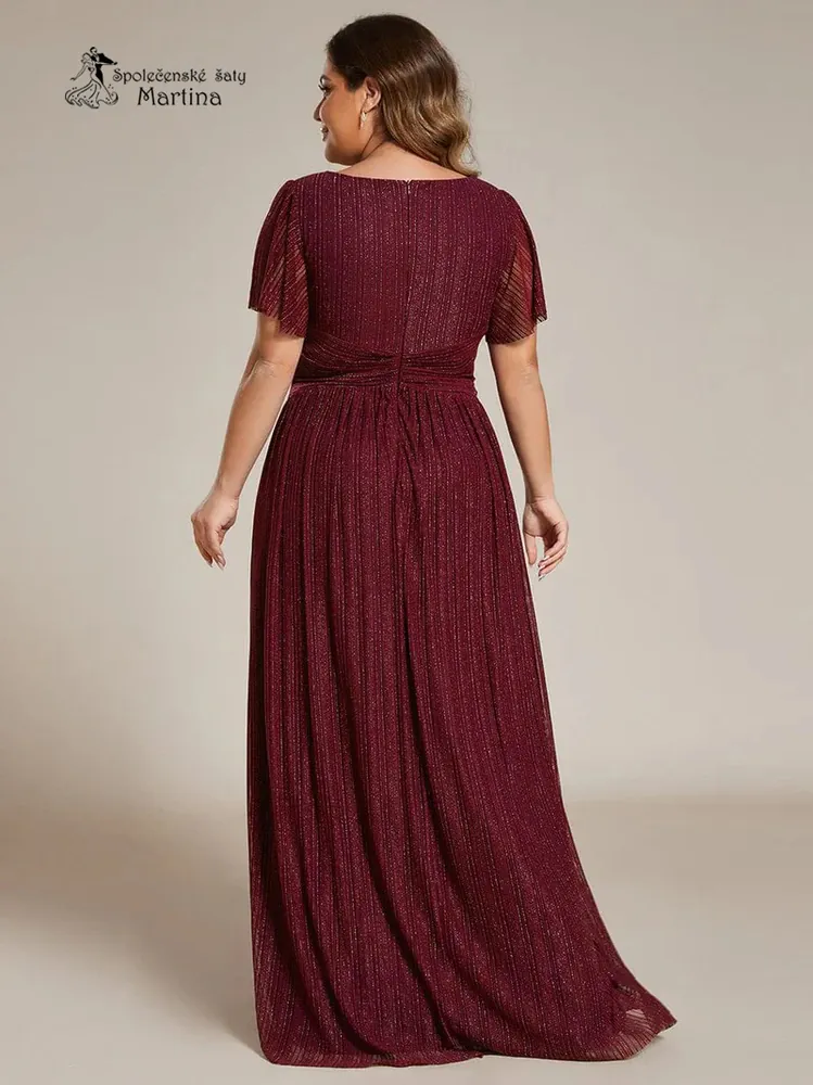 Vínové plus size žebrované společenské šaty "Ebonny" s krátkými rukávy
