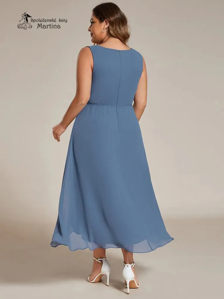 Staromodré asymetrické šifonové šaty "Ravenna" na široká ramínka a s aplikací v pase - vel. 48