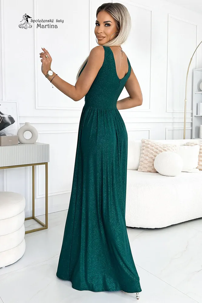 Lahvově zelené brokátové společenské šaty "Berenika" na široká ramínka