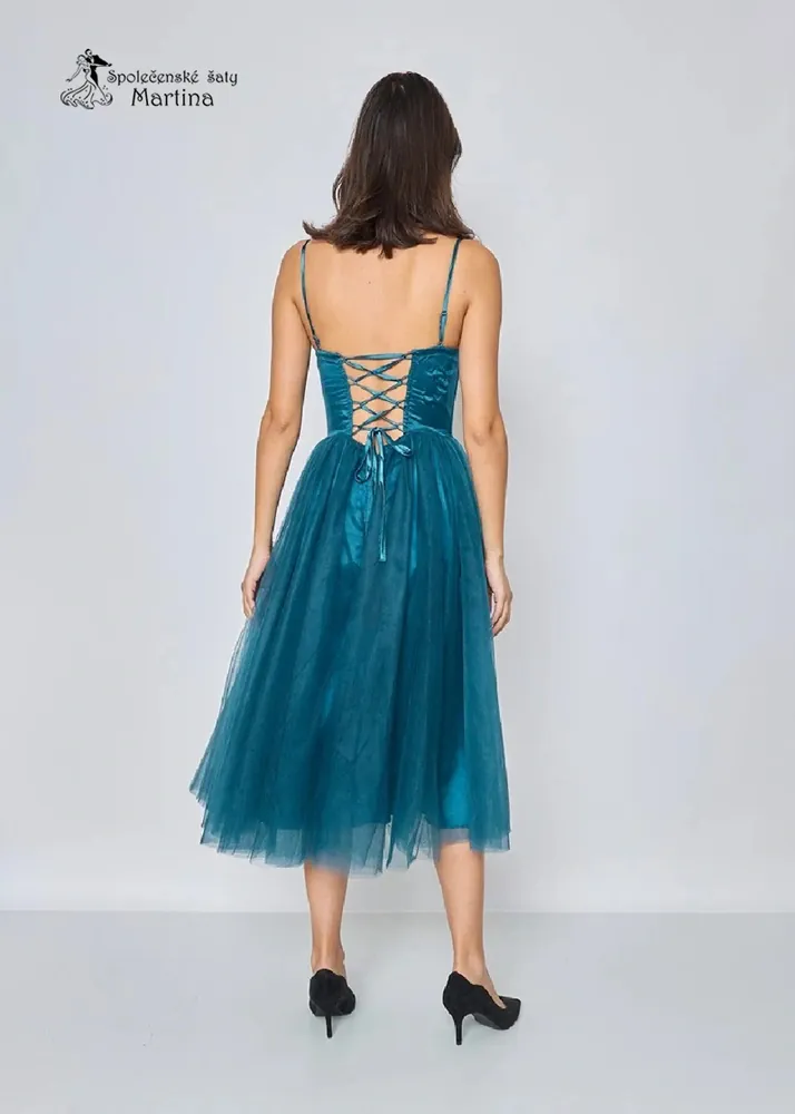 Petrolejové midi tylové šaty "Ella" se šněrováním na zádech - vel. M