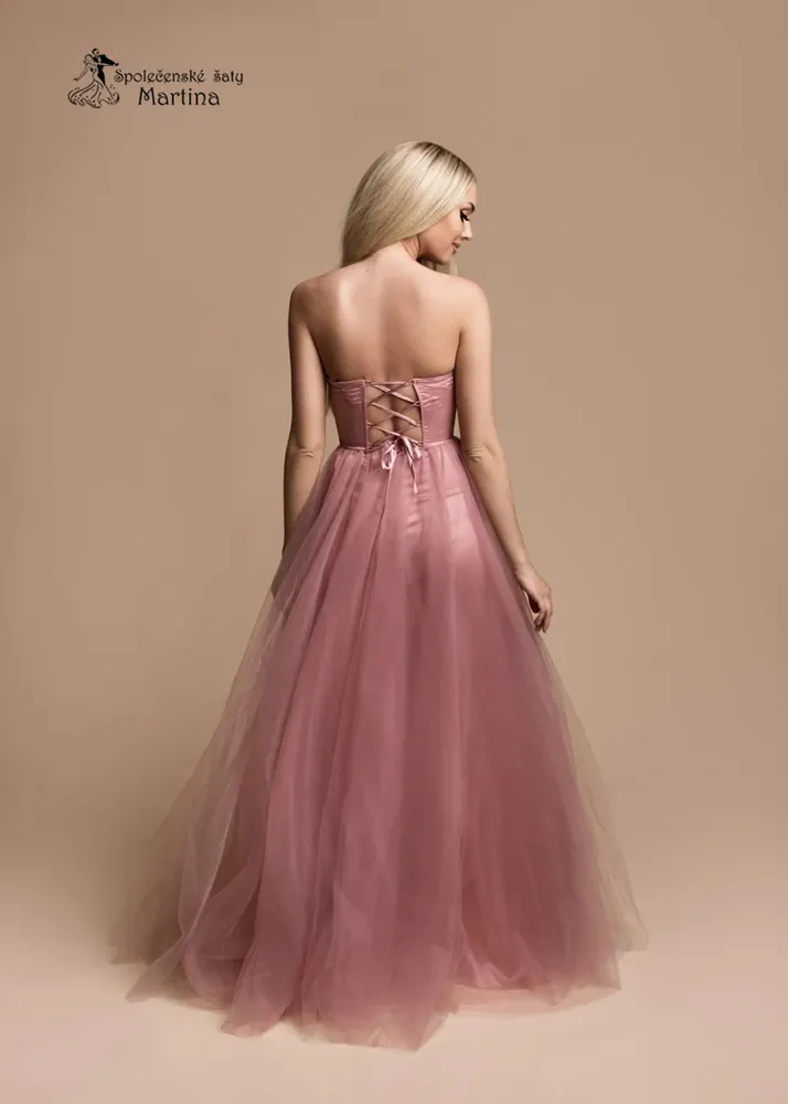 Starorůžové tylové maturitní šaty "Flora" s korzetem - vel. L