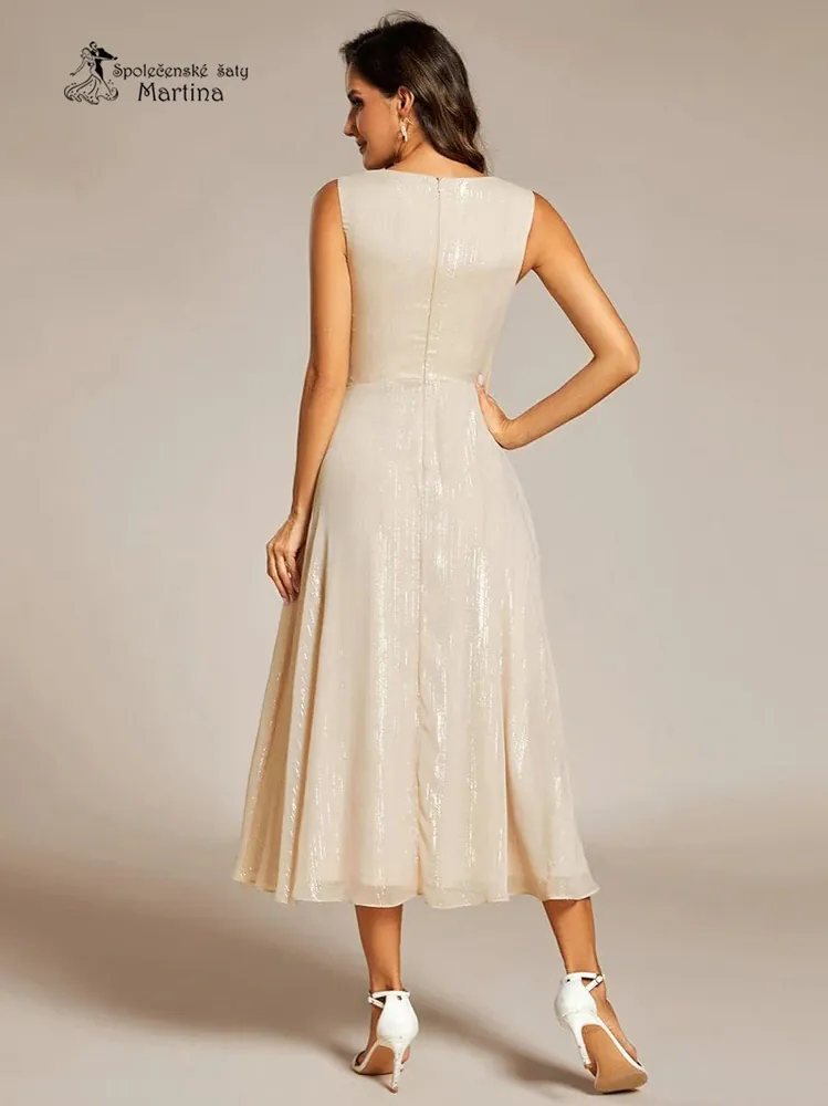 Elegantní champagne šaty s lesklými detaily a jemným volánem "Nelly"