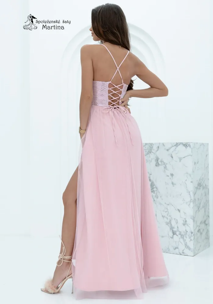 Pudrově růžové dlouhé šaty s flitrovým živůtkem a tylovou sukní "Syrenka" - vel. 38