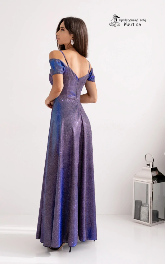 Dlouhé hvězdně fialové brokátové společenské šaty "Valentina" se spadenými rukávy - vel. 42
