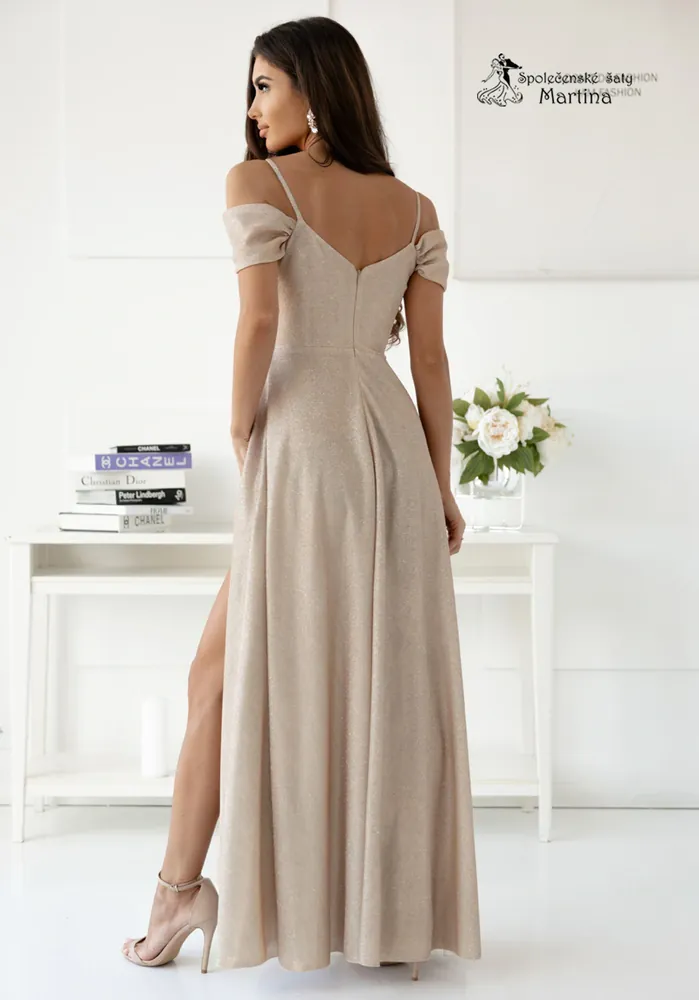 Dlouhé zlaté brokátové společenské šaty "Valentina" se spadenými rukávy