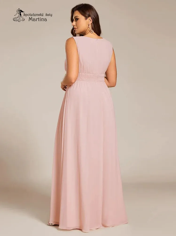 Růžové plus size společenské šaty "Cherry" s lodičkovým výstřihem