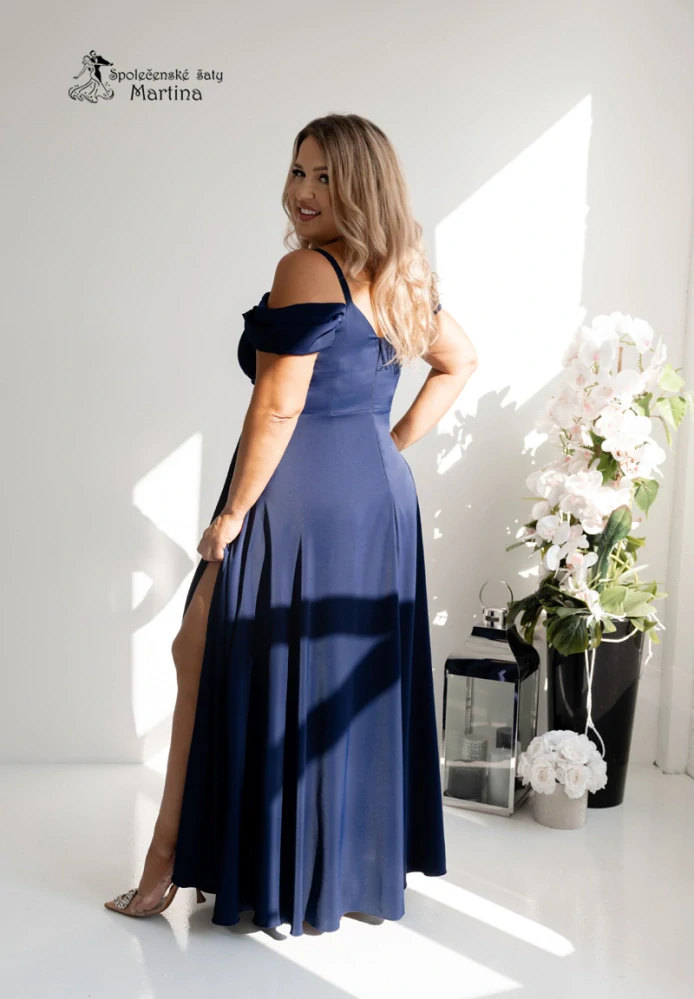 Dlouhé tmavě modré hladké společenské šaty "Valentina" se spadenými rukávy