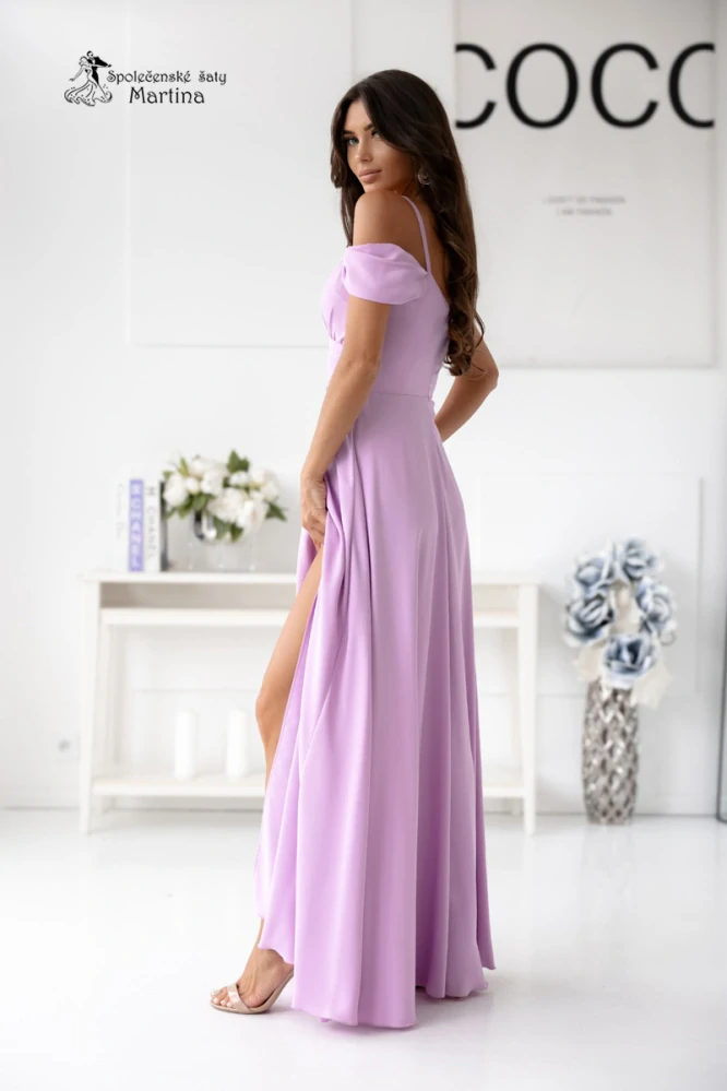 Dlouhé lila hladké společenské šaty "Valentina" se spadenými rukávy - vel. 48