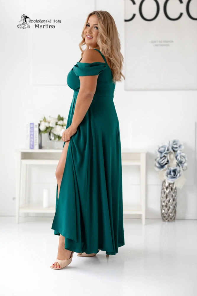 Dlouhé lahvově zelené hladké společenské šaty "Valentina" se spadenými rukávy - vel. 50