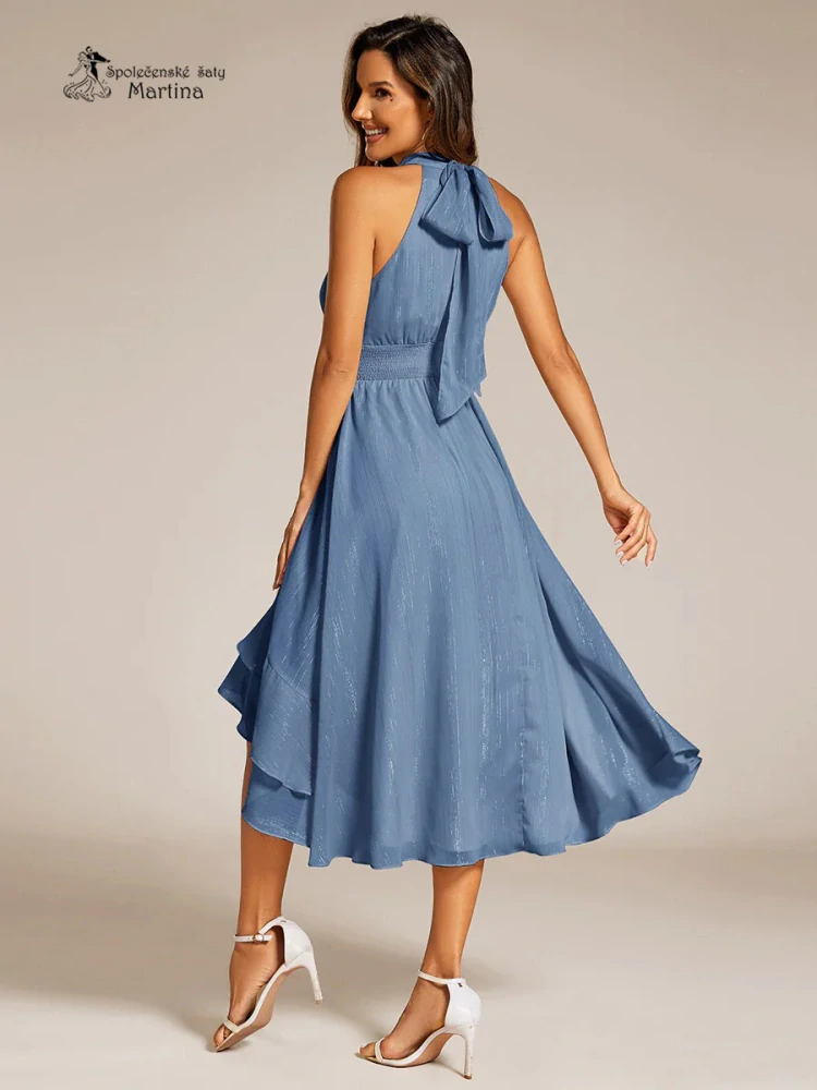 Stylové dusty navy midi šaty s volánovou sukní a halter výstřihem "Maybelline" - vel. 40